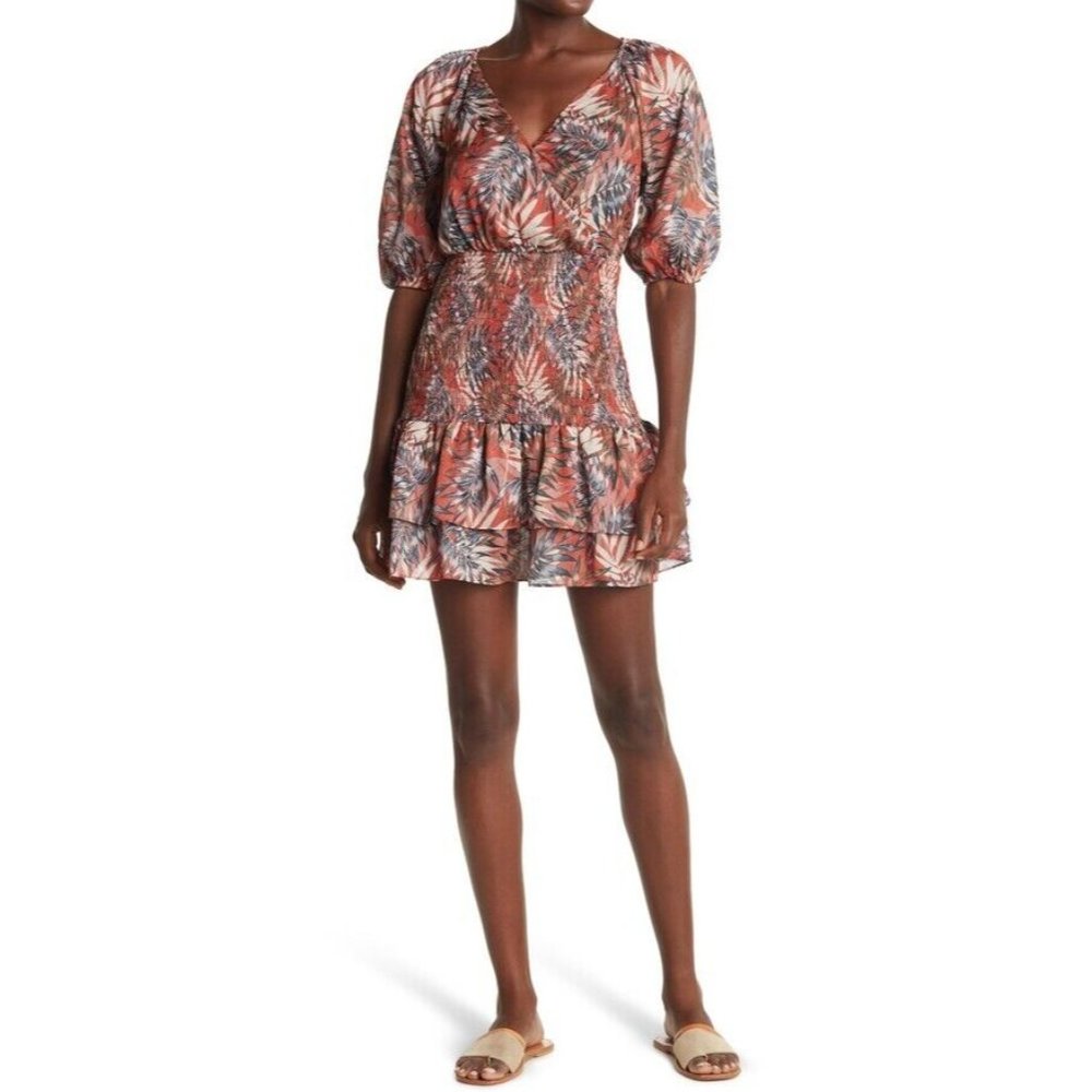 NSR Andra Dress Orange Leaf Floral V Neck Flouncy Tiered Ruffle Skirt Size Small